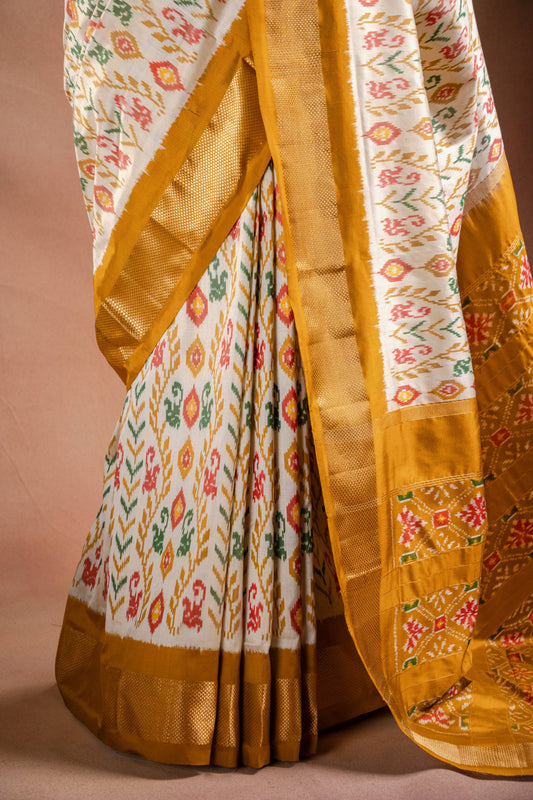 White Pochampally Saree with Mustard Border