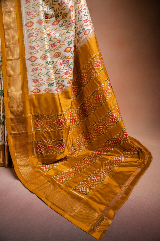 White Pochampally Saree with Mustard Border