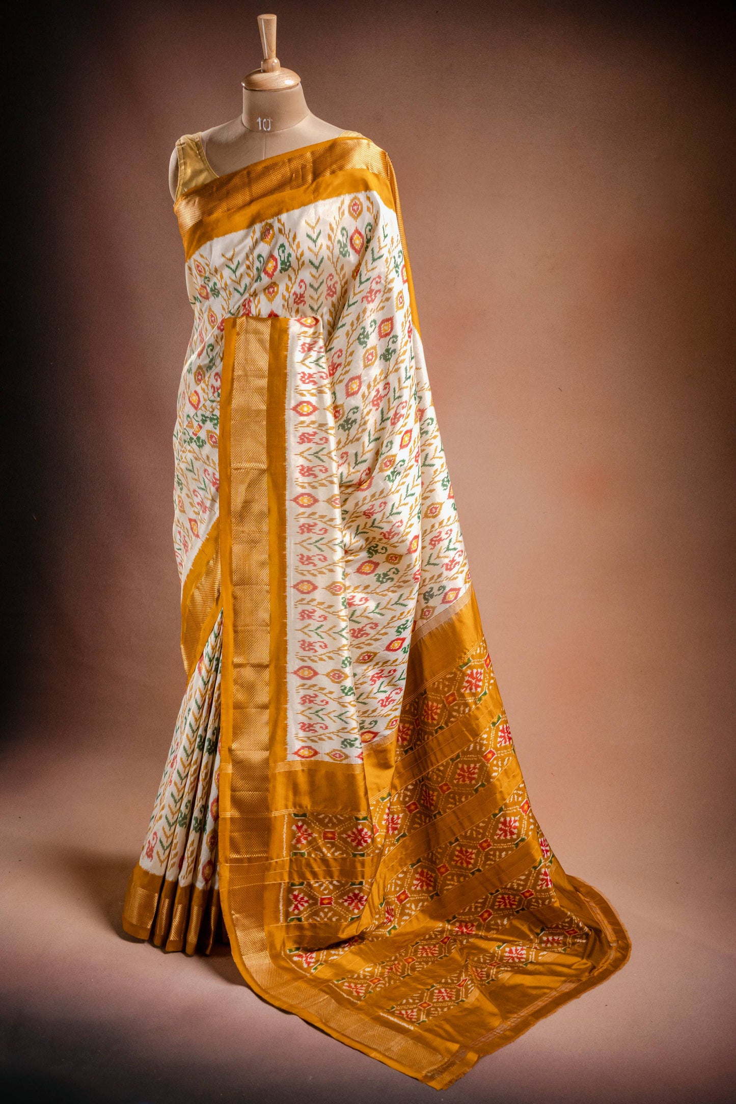 White Pochampally Saree with Mustard Border