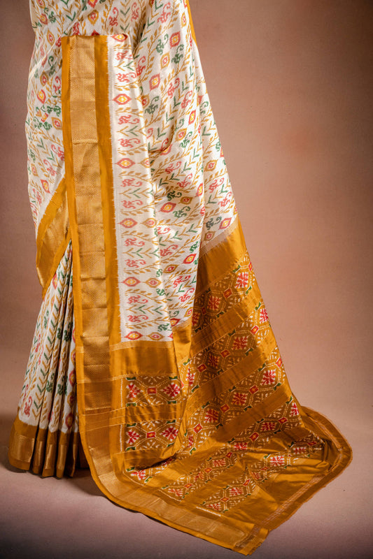 White Pochampally Saree with Mustard Border