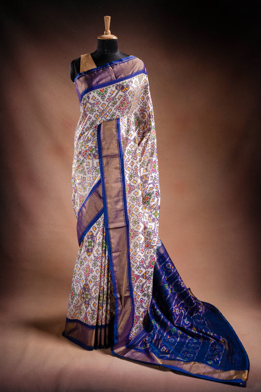 White Pochampally Saree with Blue Border