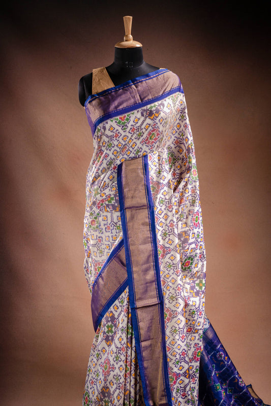 White Pochampally Saree with Blue Border