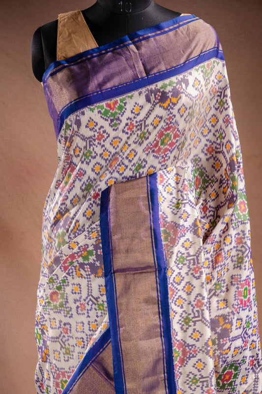 White Pochampally Saree with Blue Border