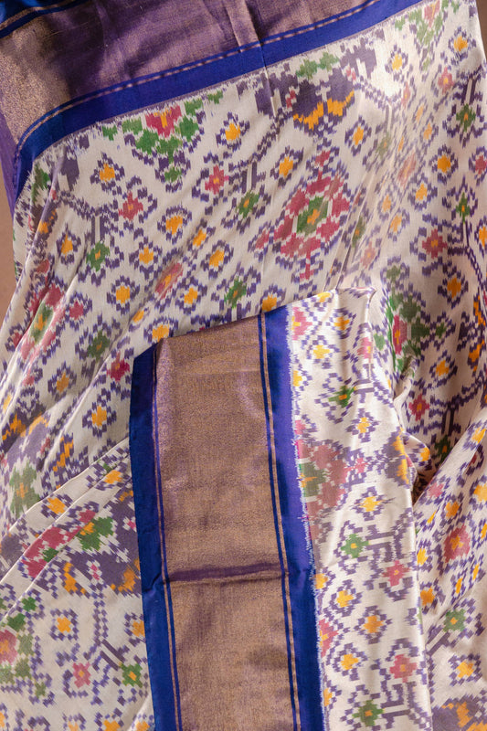 White Pochampally Saree with Blue Border