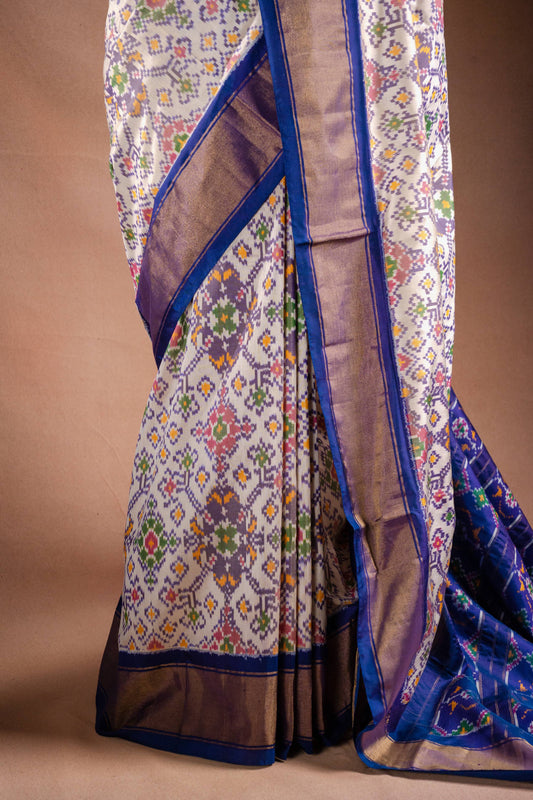 White Pochampally Saree with Blue Border