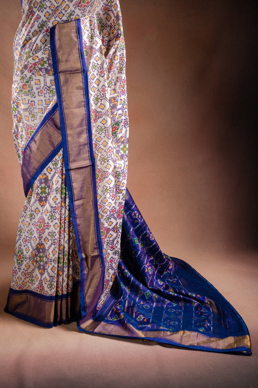White Pochampally Saree with Blue Border