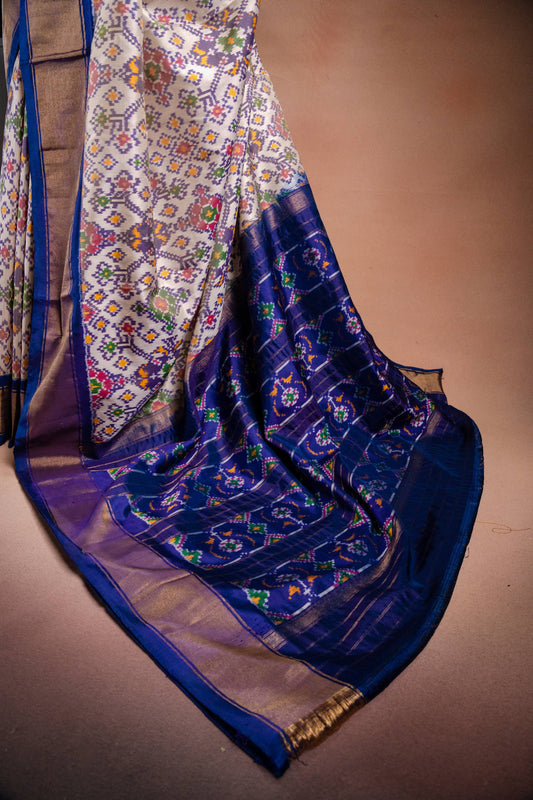 White Pochampally Saree with Blue Border