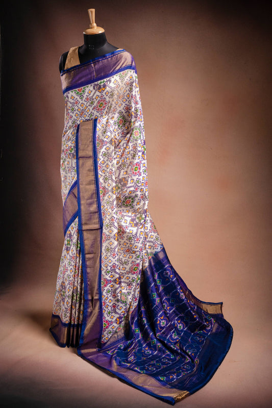 White Pochampally Saree with Blue Border