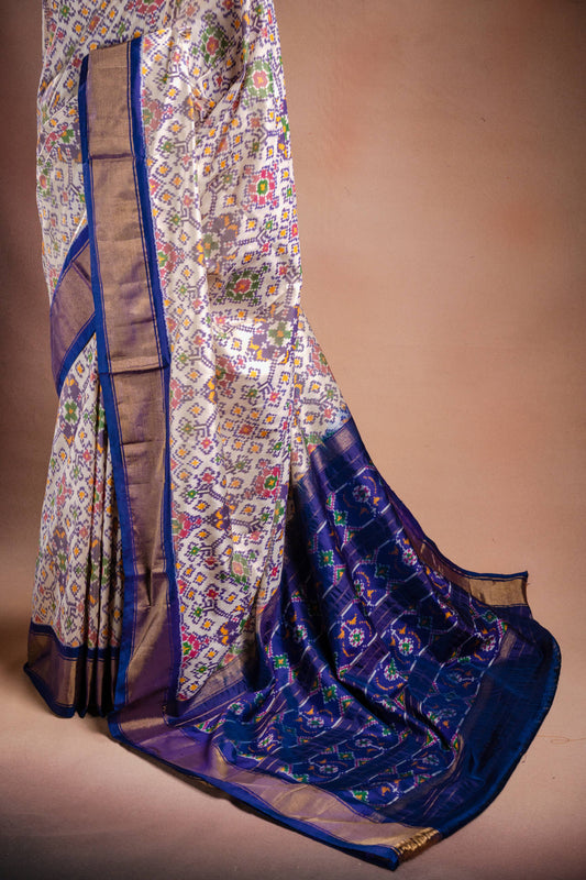White Pochampally Saree with Blue Border