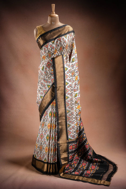 White Pochampally Saree with Black Border