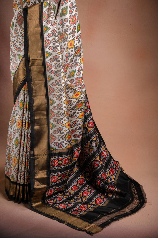 White Pochampally Saree with Black Border