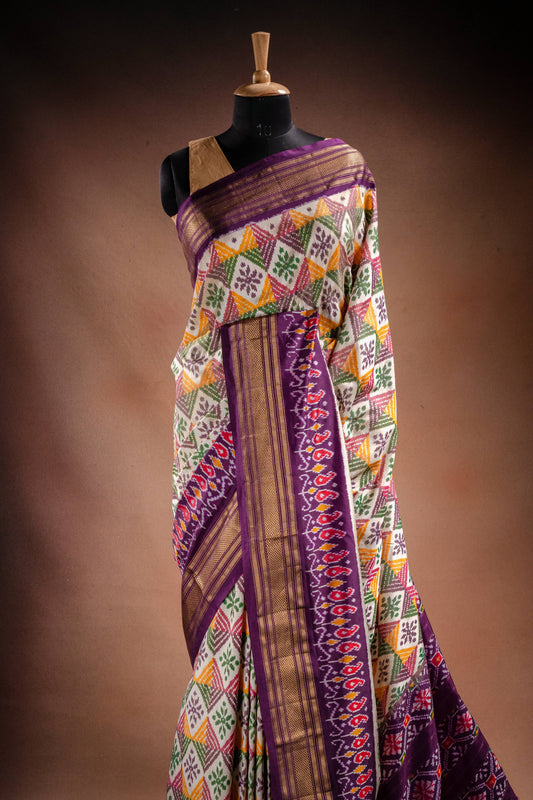 Multicolor Pochampally Saree with Purple Border