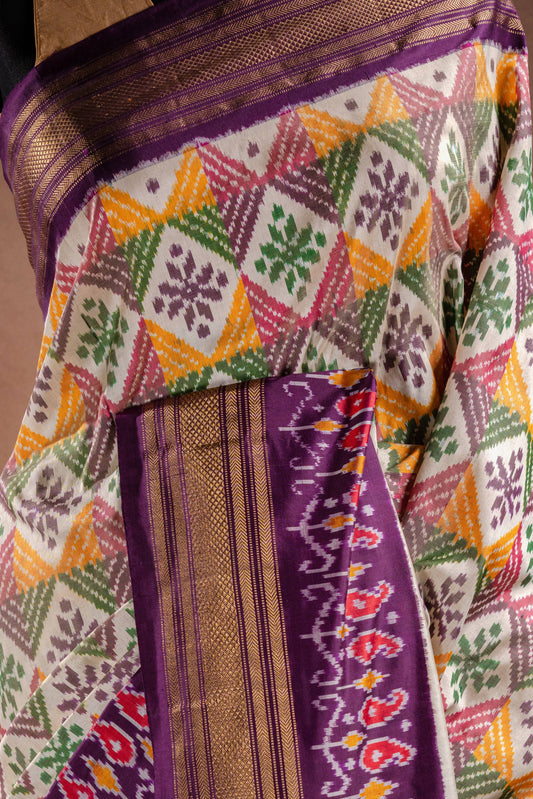 Multicolor Pochampally Saree with Purple Border