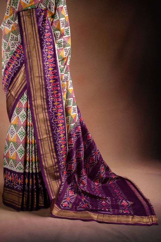 Multicolor Pochampally Saree with Purple Border