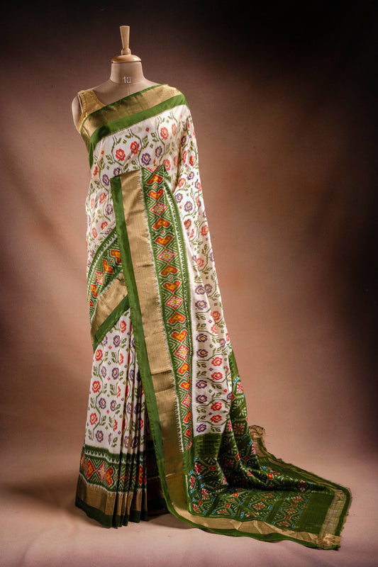 White Pochampally Saree with Green Border