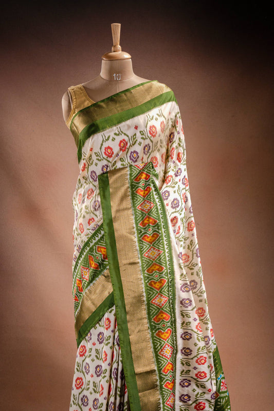 White Pochampally Saree with Green Border
