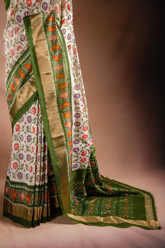 White Pochampally Saree with Green Border