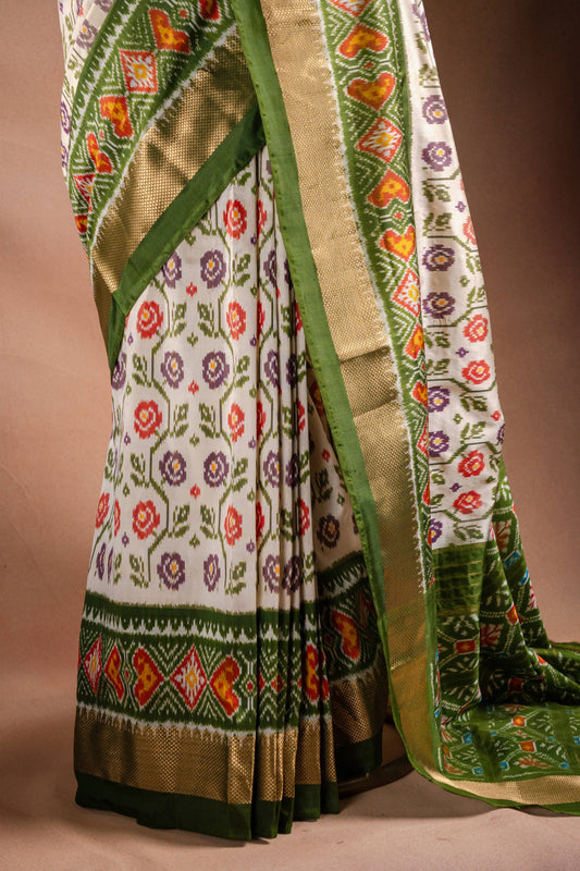 White Pochampally Saree with Green Border
