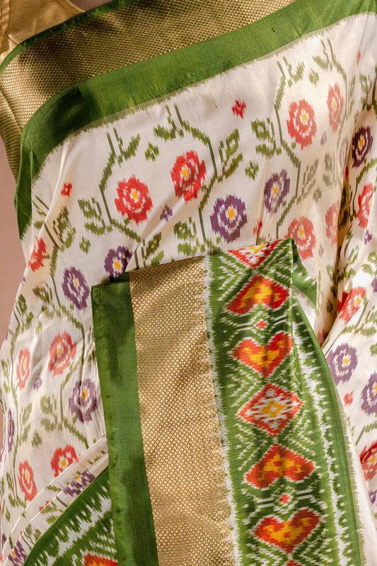 White Pochampally Saree with Green Border