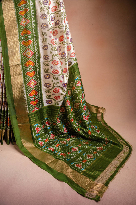 White Pochampally Saree with Green Border