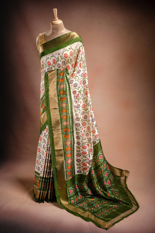 White Pochampally Saree with Green Border