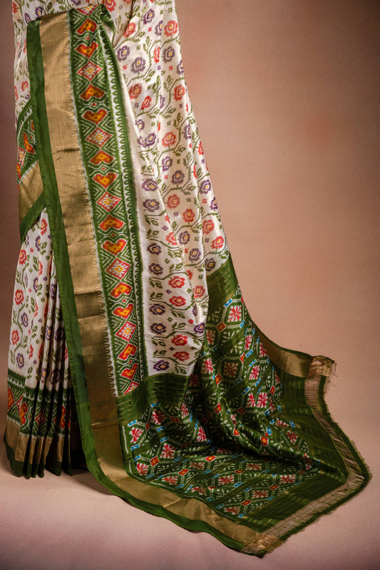 White Pochampally Saree with Green Border