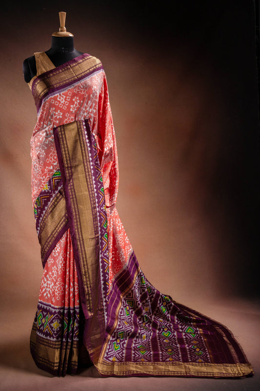 Peach Pochampally Saree with Purple Border