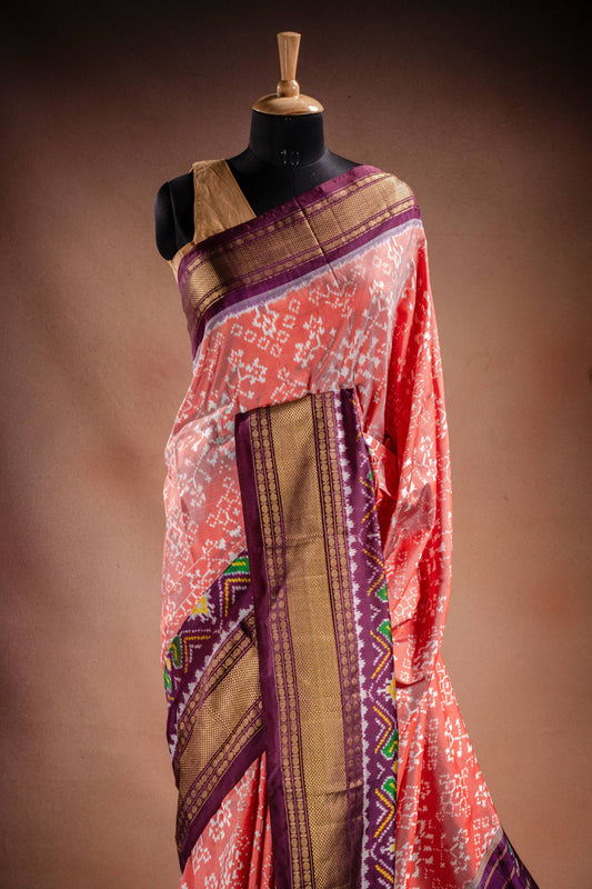 Peach Pochampally Saree with Purple Border