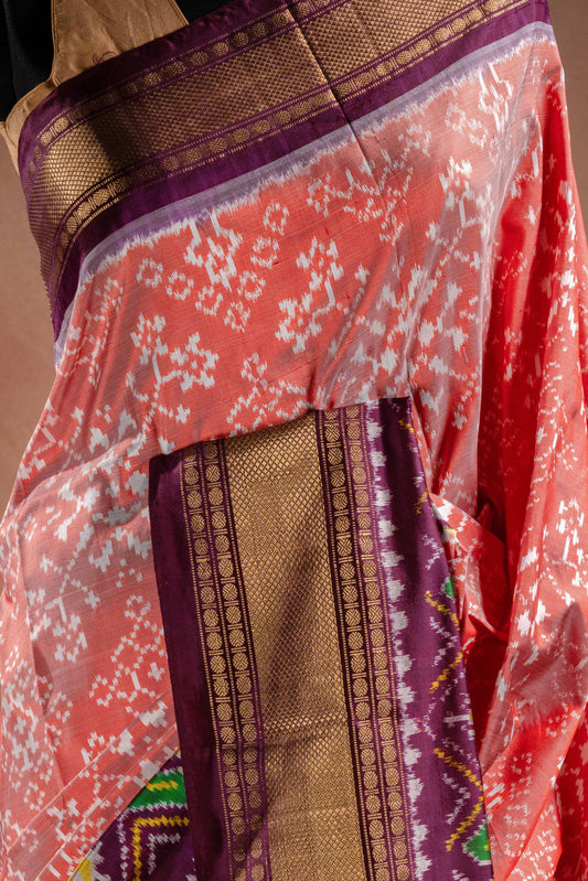 Peach Pochampally Saree with Purple Border