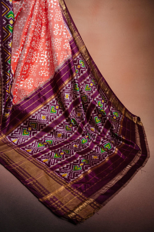 Peach Pochampally Saree with Purple Border