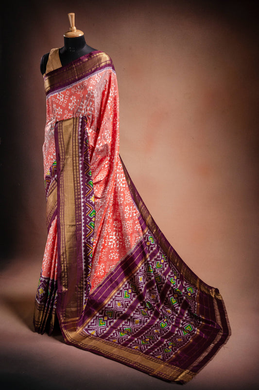 Peach Pochampally Saree with Purple Border