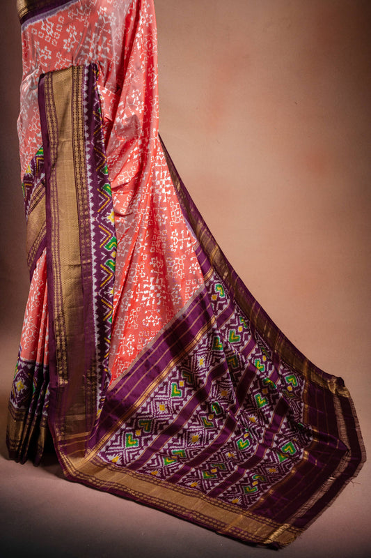 Peach Pochampally Saree with Purple Border