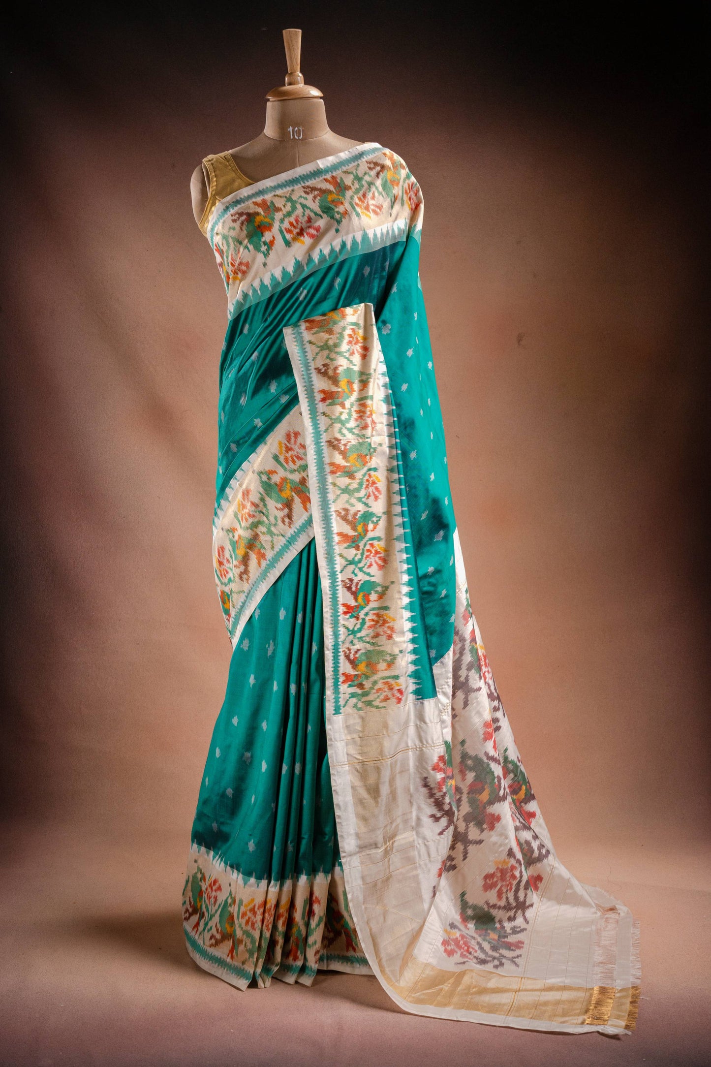 Teal Pochampally Saree with White Border
