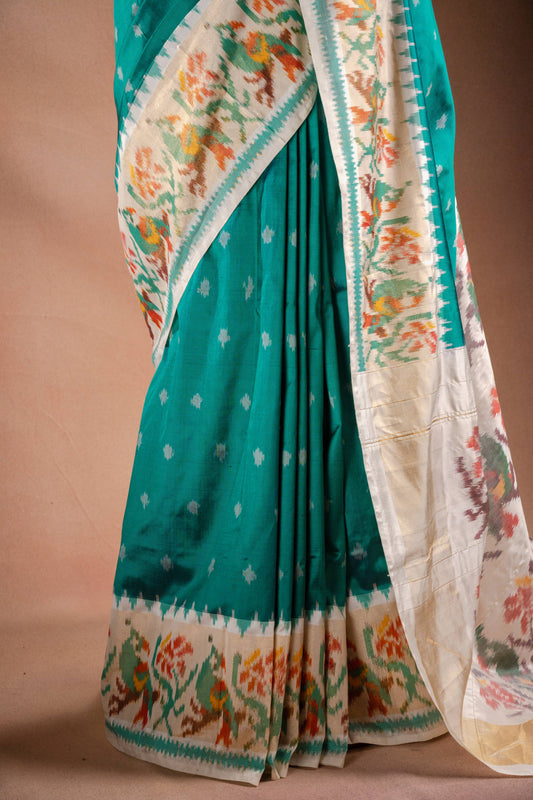 Teal Pochampally Saree with White Border