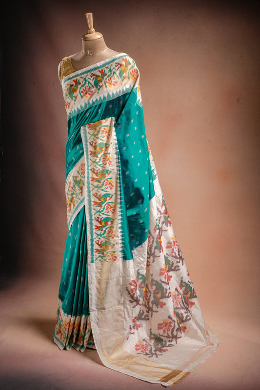 Teal Pochampally Saree with White Border