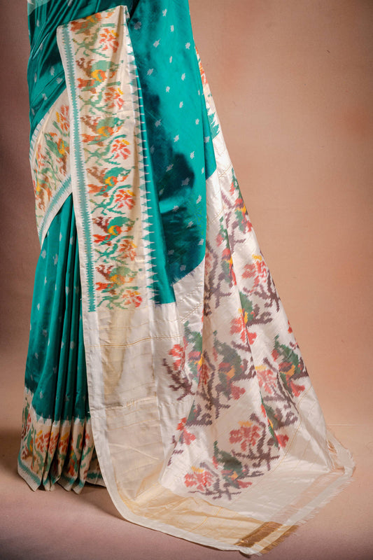 Teal Pochampally Saree with White Border