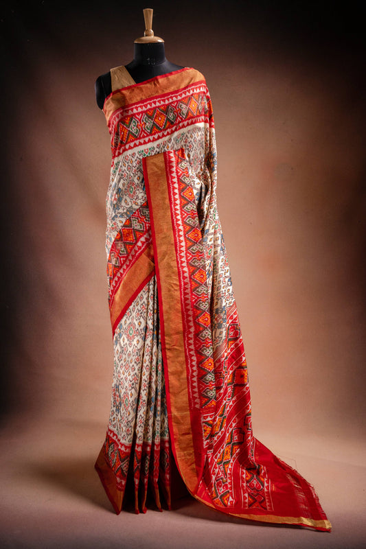 Cream Pochampally Saree with Red Border