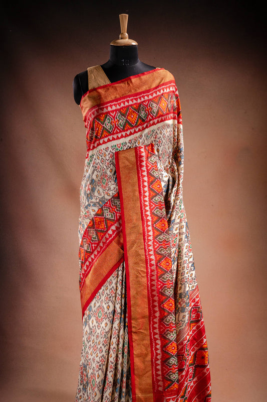Cream Pochampally Saree with Red Border