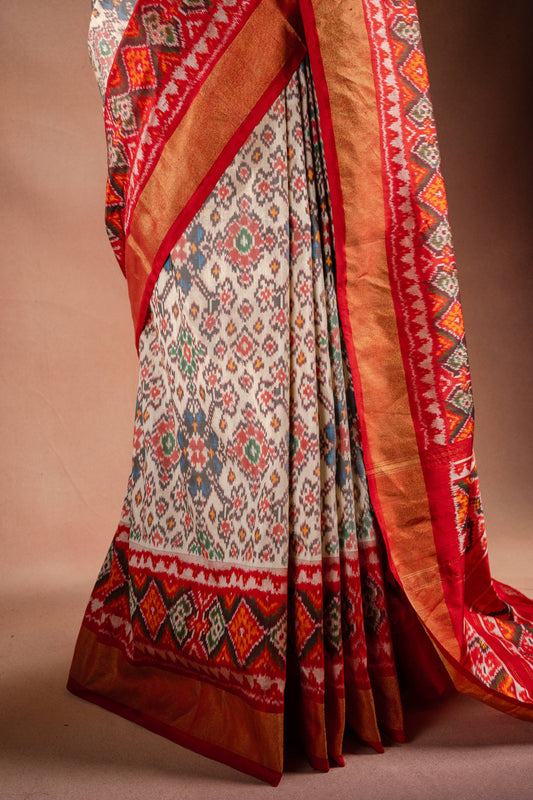 Cream Pochampally Saree with Red Border