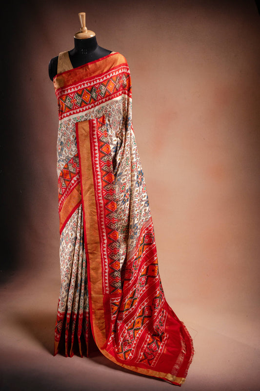 Cream Pochampally Saree with Red Border