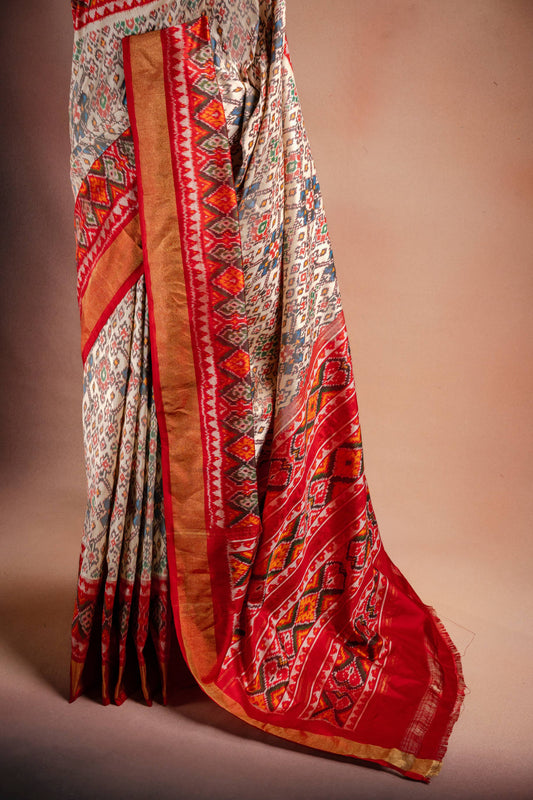 Cream Pochampally Saree with Red Border