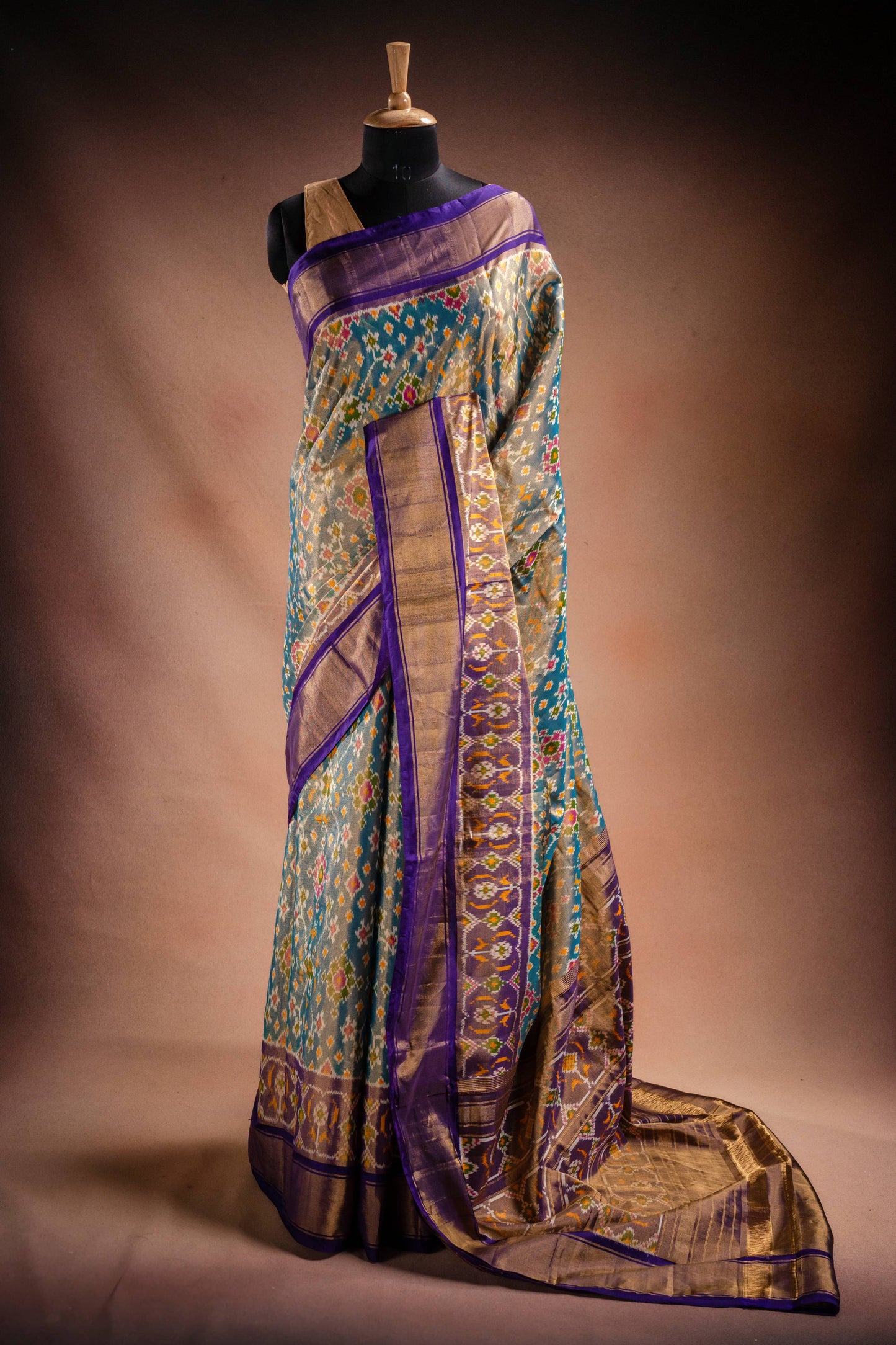 Grey Pochampally Saree with Purple Border