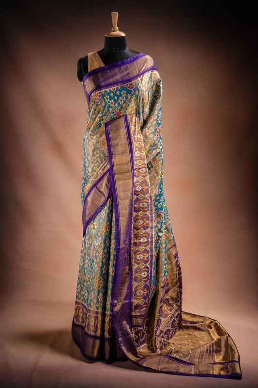 Grey Pochampally Saree with Purple Border