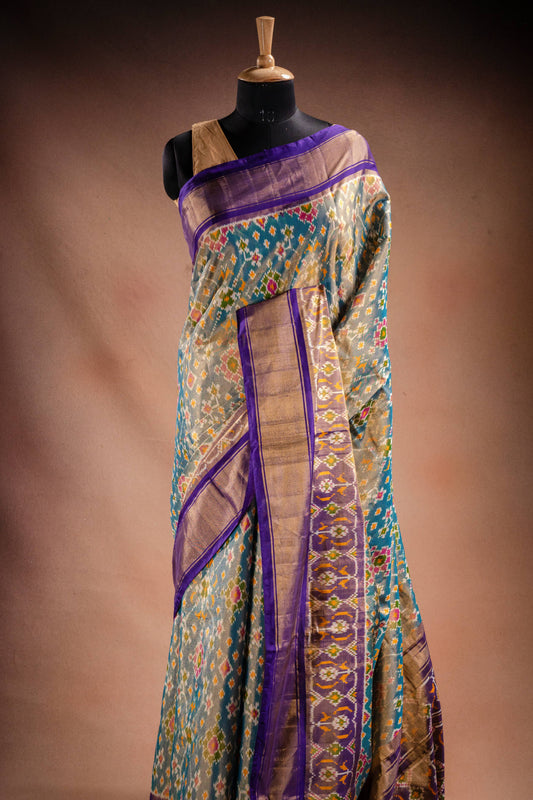 Grey Pochampally Saree with Purple Border