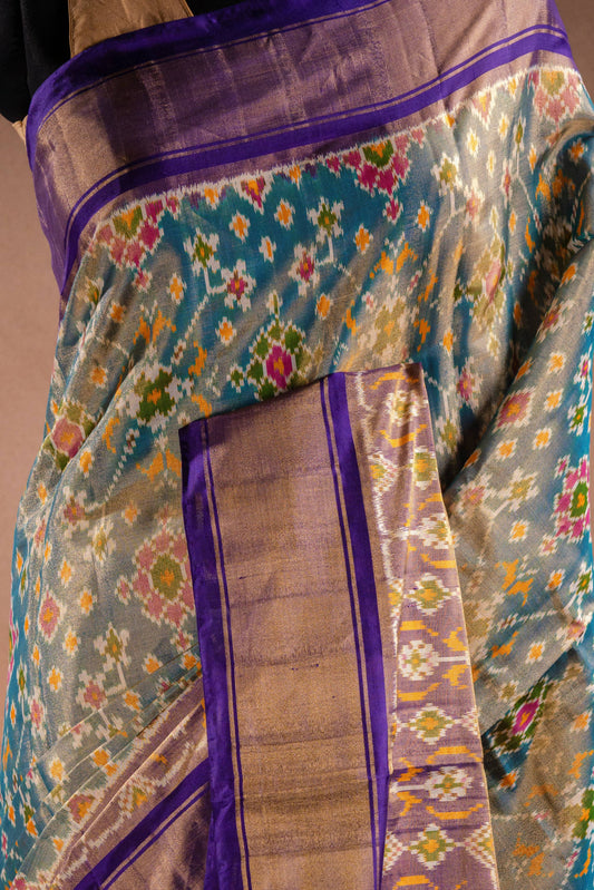 Grey Pochampally Saree with Purple Border