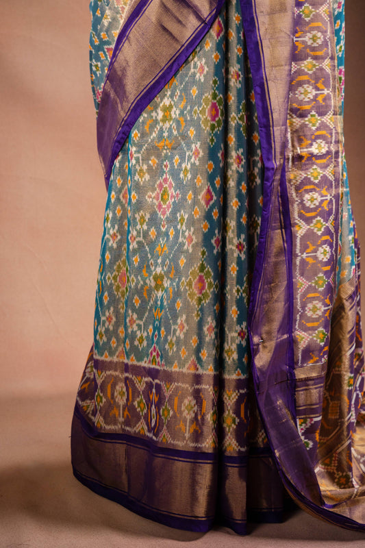 Grey Pochampally Saree with Purple Border