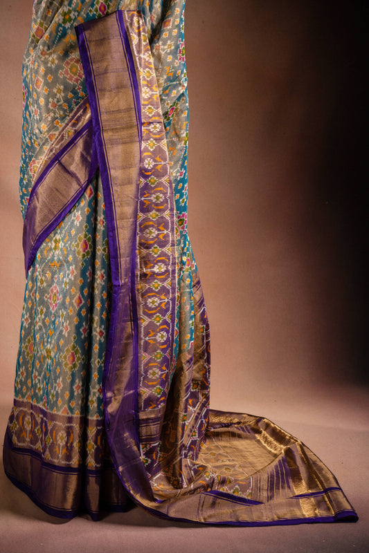 Grey Pochampally Saree with Purple Border
