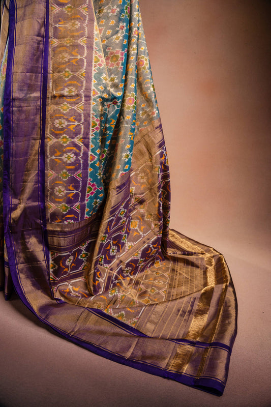 Grey Pochampally Saree with Purple Border