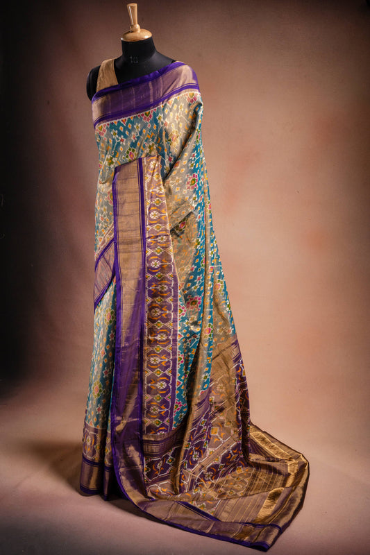 Grey Pochampally Saree with Purple Border