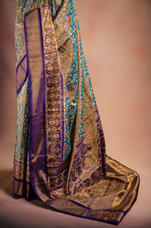 Grey Pochampally Saree with Purple Border